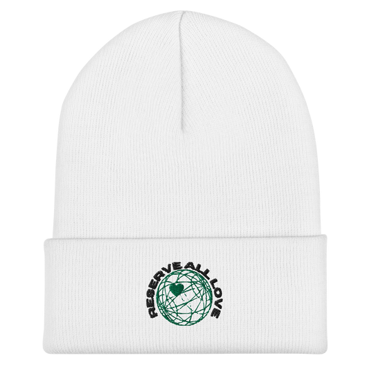 Reserve All Love White and Green Cuffed Beanie